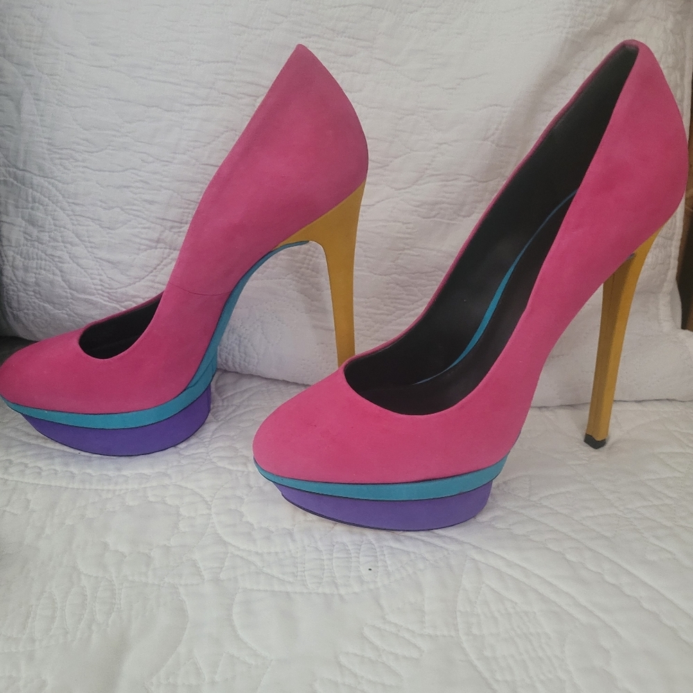Brian Atwood Fontanne Pink Suede Platform Pumps w Multicolor Accents, Size 8